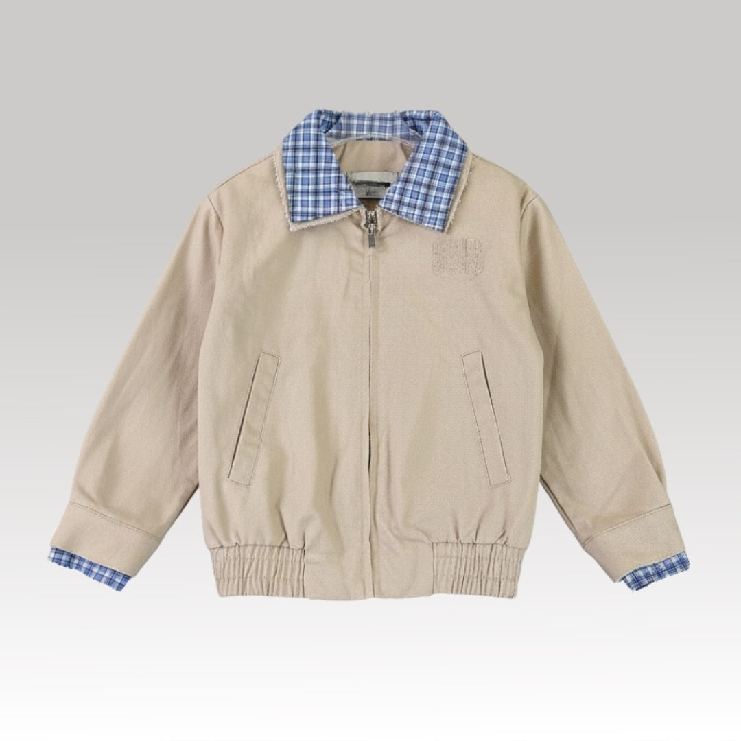 Kids Check Collar Cotton Jacket Beige