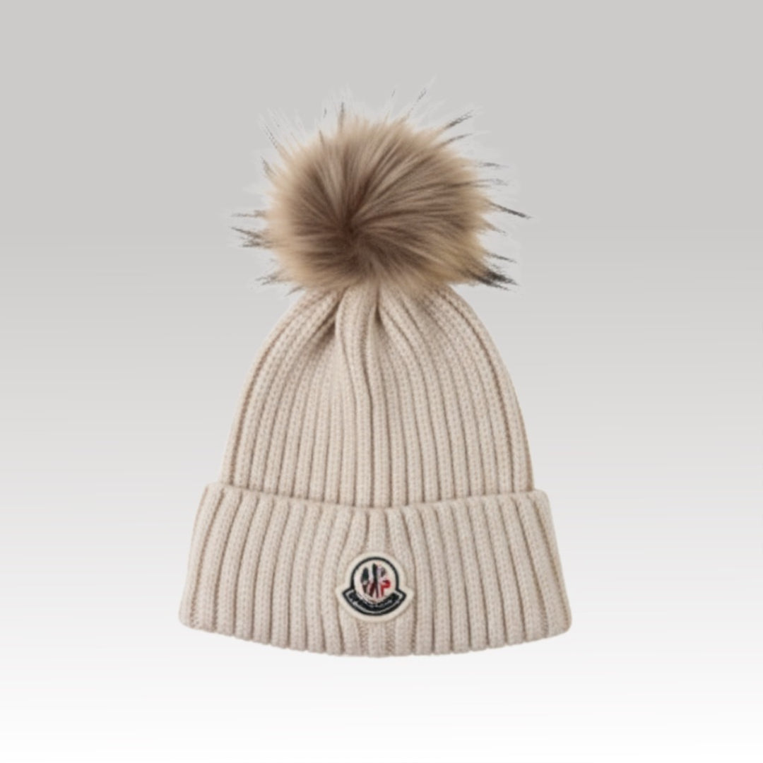 Kids Logo Patch Wool Beanie with Fur Pom Beige