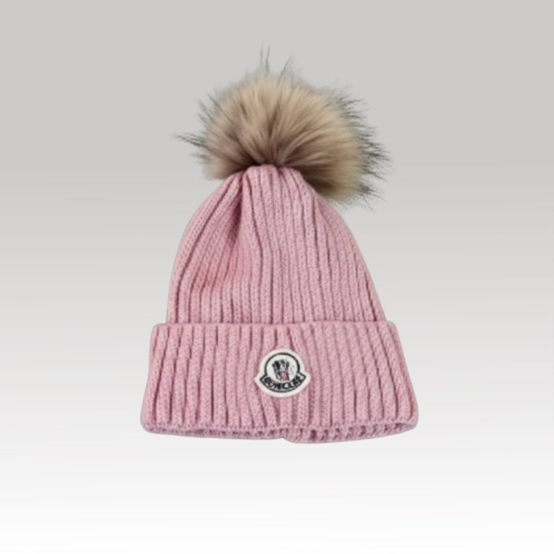 Kids Logo Patch Wool Beanie with Fur Pom Pink