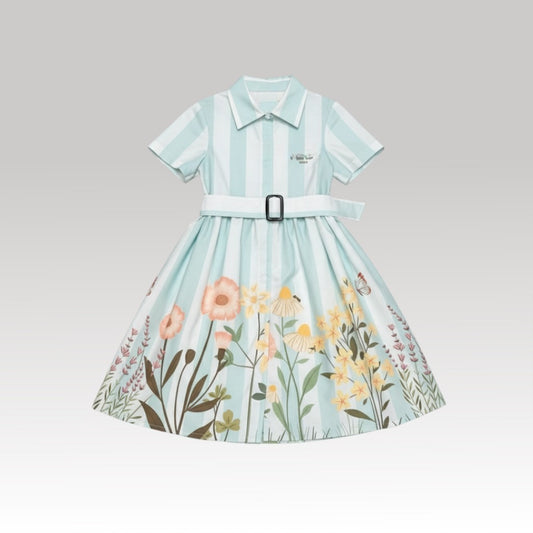 Kids Striped Floral Shirt Dress