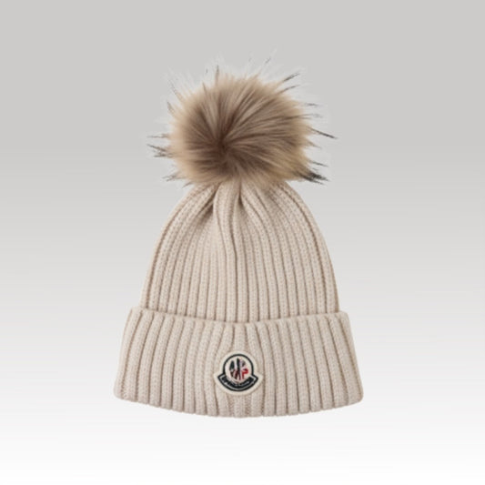 Kids Logo Patch Wool Beanie with Fur Pom Beige