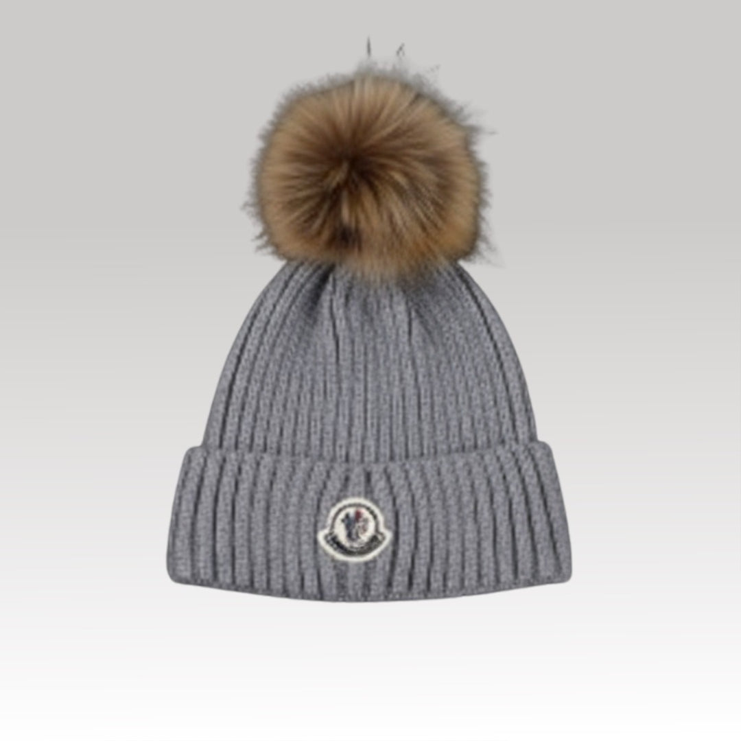 Kids Logo Patch Wool Beanie with Fur Pom Grey