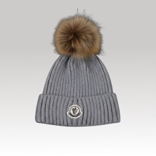 Kids Logo Patch Wool Beanie with Fur Pom Grey