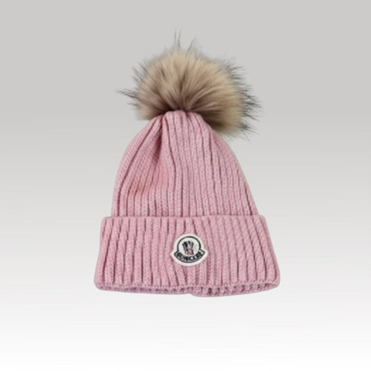 Kids Logo Patch Wool Beanie with Fur Pom Pink